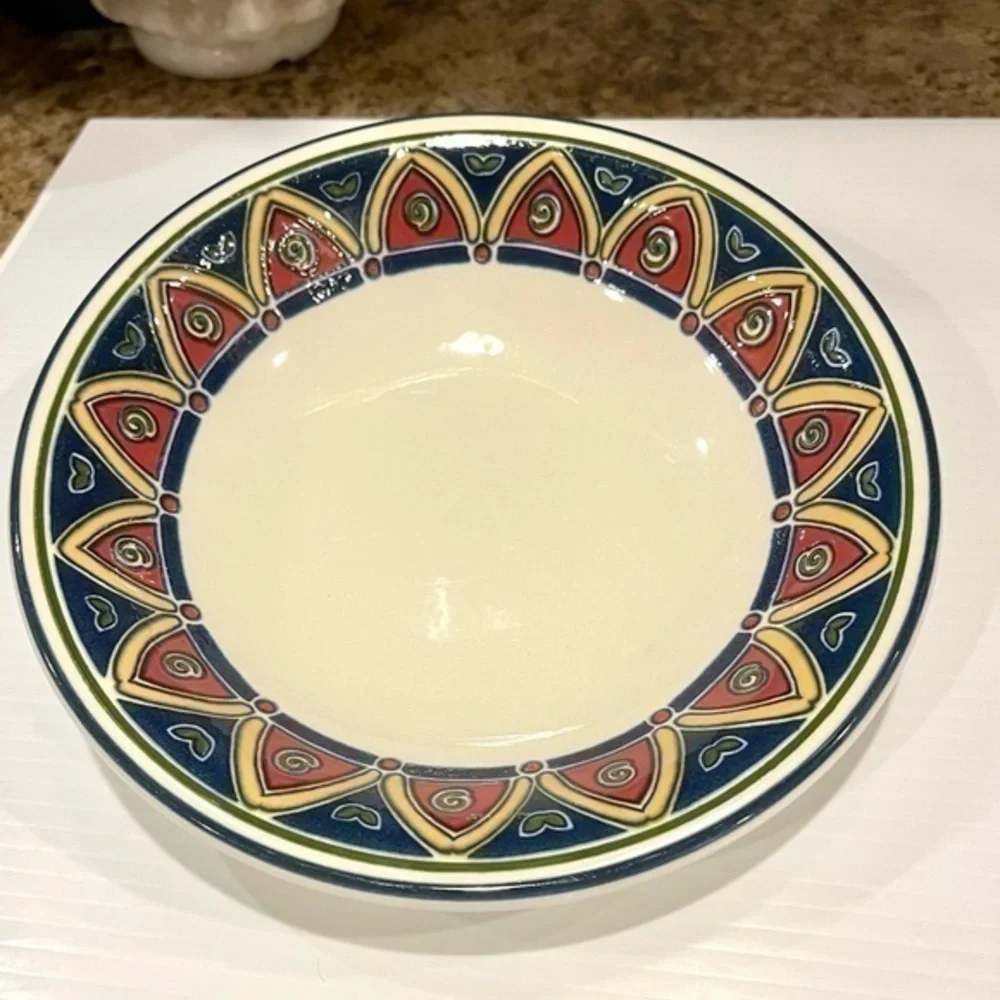 Pier 1 Bowl Red, Blue. Yellow Geometric Pattern 8 1/4 inches